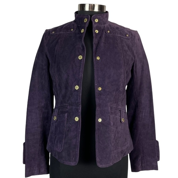 BERNARDO PURPLE SUEDE SNAP BUTTON STAND COLLAR RACING JACKET - Picture 3 of 16
